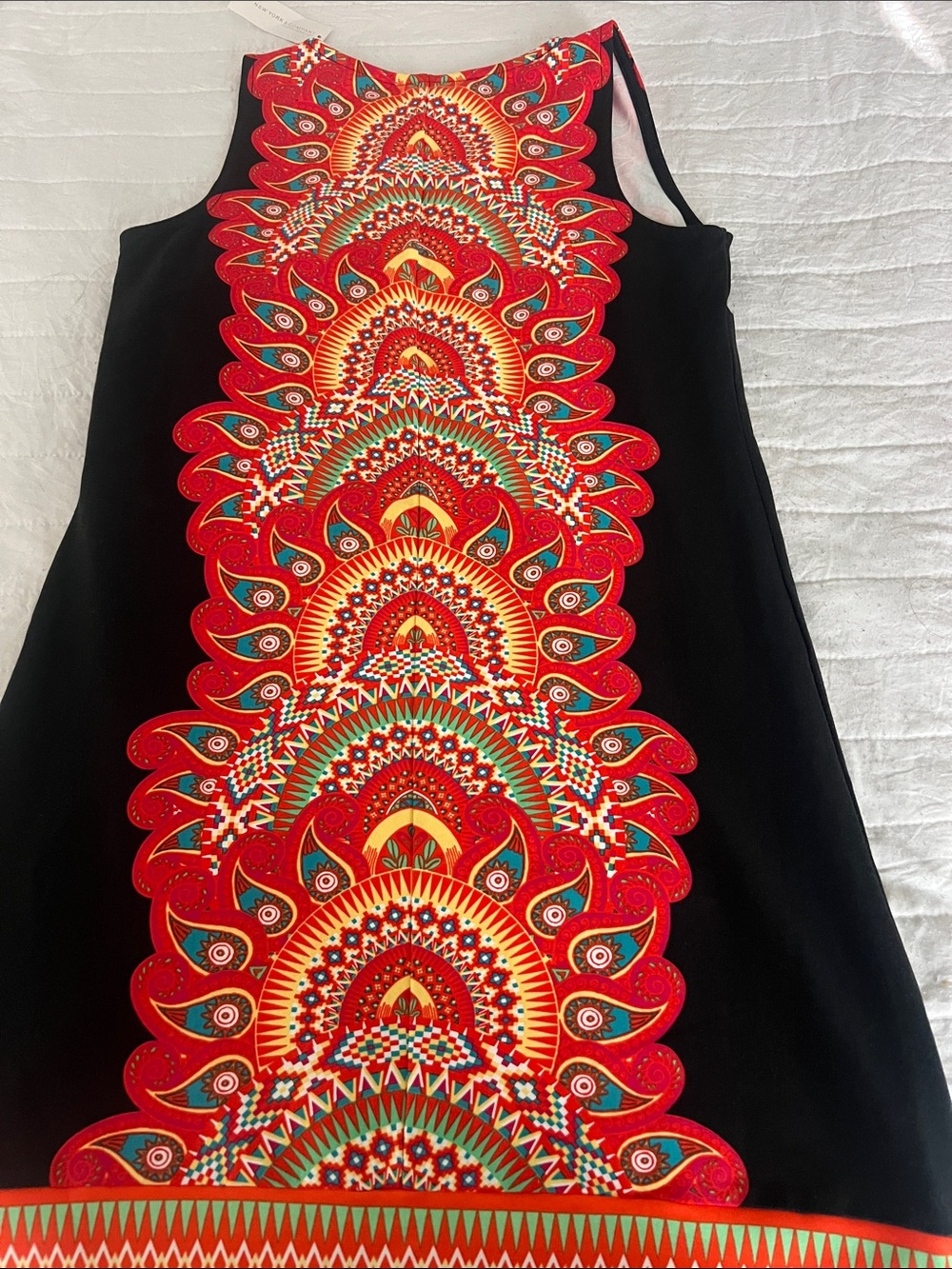 New York & Company Black Mini Dress with Red, Yellow & Teal Mandala Print